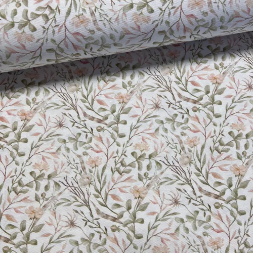 Fehér alapon tavaszi leveles-indás (zöld-barackos) dekortextil (digitálisan nyomott)