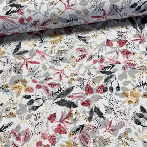 Pirosas-sárga-szürke leveles dekortextil (digitálisan nyomott)