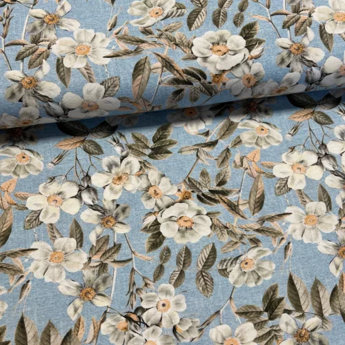 Kék alapon fehér cseresznyevirágok dekortextil (digitálisan nyomott)