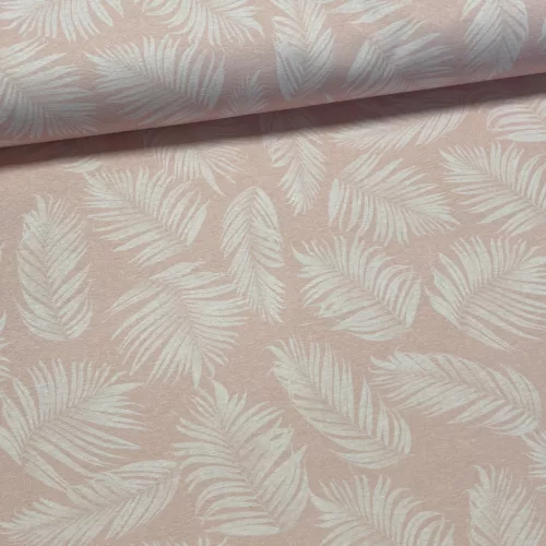 Halvány rózsaszínes-barackos alapon tollas dekortextil (digitálisan nyomott)