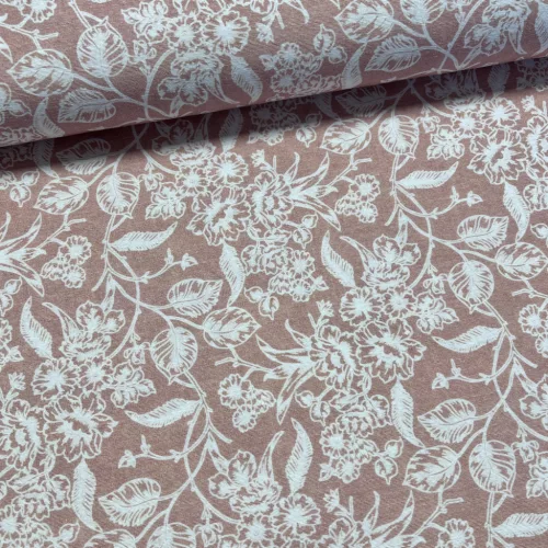 Barackos rózsaszín alapon fehér levelek-virágok dekortextil (digitálisan nyomott)