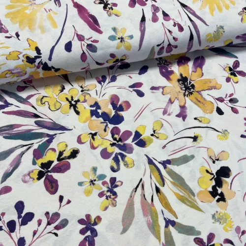 Nyári kert: lila-sárga virágos dekortextil (digitálisan nyomott)