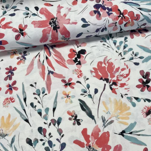 Nyári kert: pirosas-kék-sárga virágos dekortextil (digitálisan nyomott)