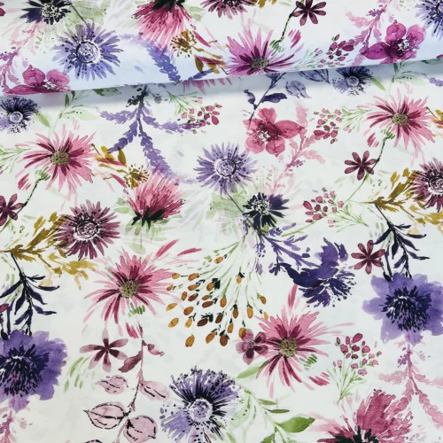 Festett mező: lila-mályvás virágok dekortextil (digitálisan nyomott)