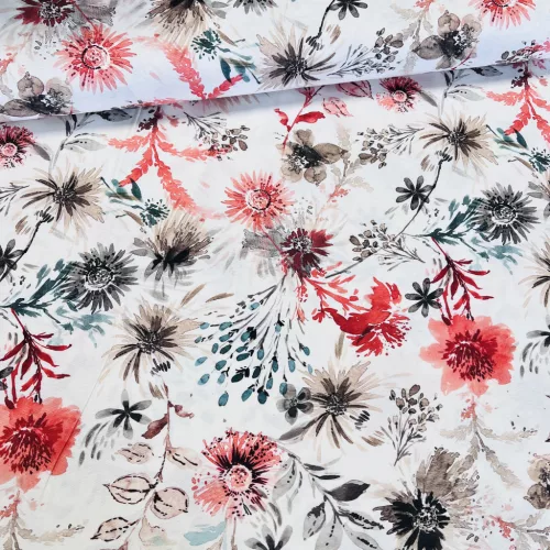 Festett mező: pirosas-barnás virágok dekortextil (digitálisan nyomott)