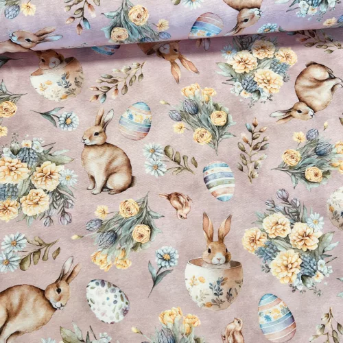 Barackos rózsaszín alapon nyuszi a csészében húsvéti dekortextil (digitálisan nyomott)