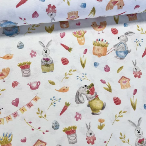 Fehér alapon húsvéti répás nyuszis dekortextil (digitálisan nyomott)