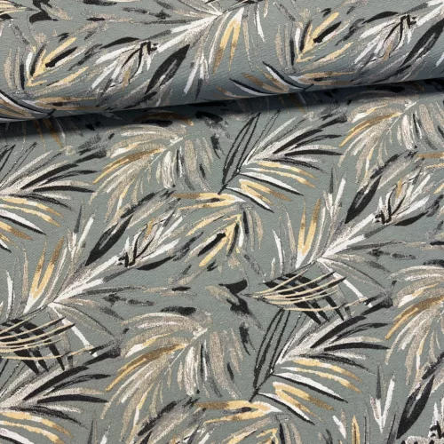Szürkészöld alapon sárga-szürke leveles dekortextil (A)