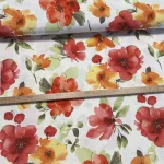 Fehér alapon piros-sárga nagy virágos leveles dekortextil (A)
