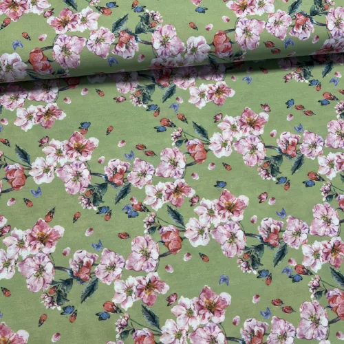 Zöld alapon rózsaszín cseresznyevirágos dekortextil (A)