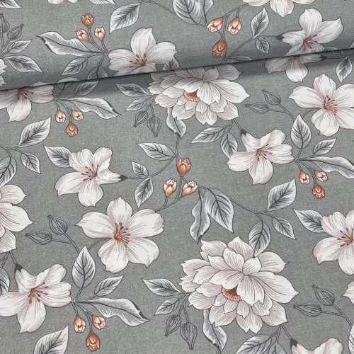 Zöldesszürkés alapon fehér szirmú leveles dekortextil (A)