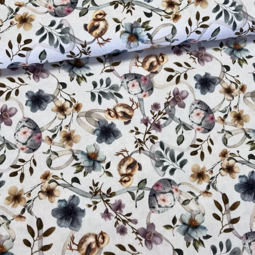 Kiscsibék virágok, szalagok között dekortextil (digitálisan nyomott)