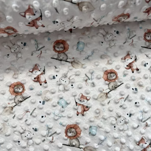 0.42 m EGYBEN KÉRHETŐ Bézs alapon oroszlános-rókás minky plüss