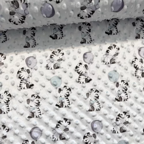 H. kékes-fehéres alapon zebrás-lufis minky plüss