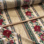 Karácsonyi panama szövet: BÉZSES INDÁS sávos, mikulásvirág füzéres No.3.