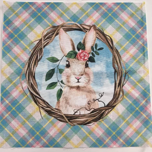 1 pici lyuk van rajta EXTRA AKCIÓS: Kör koszorúban húsvéti nyuszis textil panel (44*44 cm)