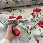 Bézses zsákvászon hatású alapon pipacsos party vízlepergető szövet