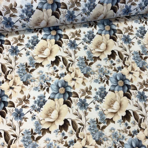 Kék-krém virágos vízlepergető szövet