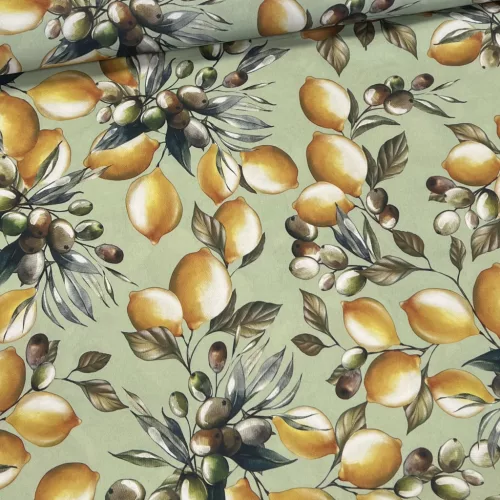 Zöldes alapon citromos - olivás vízlepergető szövet