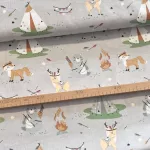 H. szürke alapon indián táborban őzike-maci-róka 160 cm sz. pamutvászon (KA)