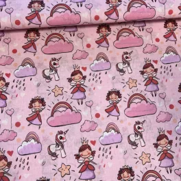 Rózsaszín királylányos-unikornisos pamutvászon