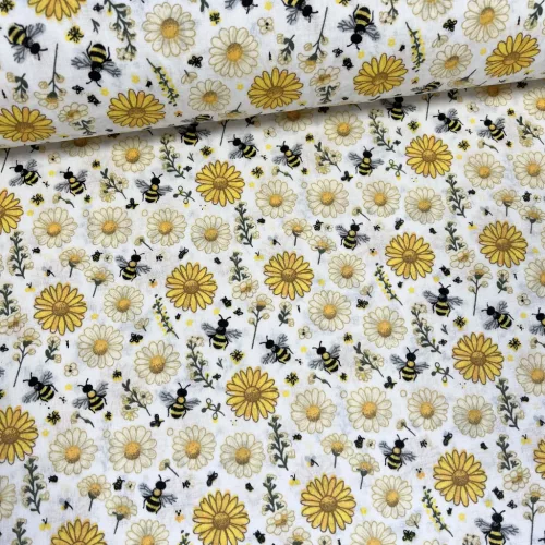 Méhecskés-margarétás pamutvászon