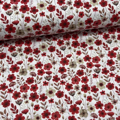 0,3 m  EGYBEN KÉRHETŐ Piros-bézs színű virágos mező pamutvászon