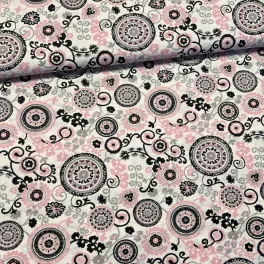   0,88 m EGYBEN KÉRHETŐ Fehér alapon rózsaszín-fekete mandalás pamutvászon