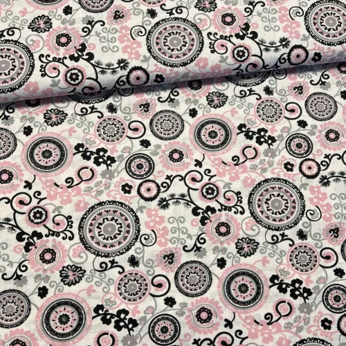 0,88 m EGYBEN KÉRHETŐ Fehér alapon rózsaszín-fekete mandalás pamutvászon
