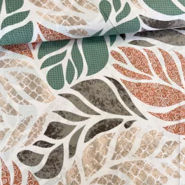 Zöld-bézs-terra nagy leveles 160 cm sz. pamutvászon