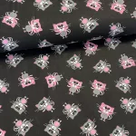 Fekete alapon rózsaszín-szürke cicás pamutvászon