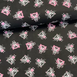 Fekete alapon rózsaszín-szürke cicás pamutvászon