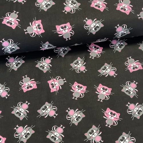 Fekete alapon rózsaszín-szürke cicás pamutvászon