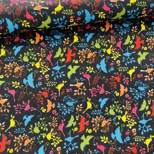 Fekete alapon színes kismadaras pamutvászon