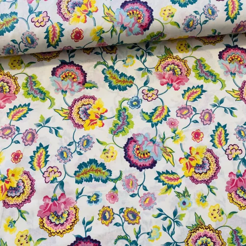 KIÁRUSÍTÁS: Ekrü a. színes varázsvirágos pamutvászon