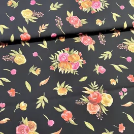 Digitális pamutszatén: Fekete a. rózsacsokros