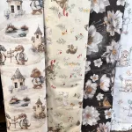 Halvány sárga a. retró erdei állatos 160 cm sz. pamutvászon (KA)