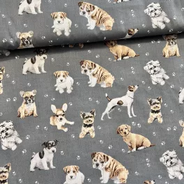 Sötétebb szürke alapon kutyás 160 cm sz. pamutvászon