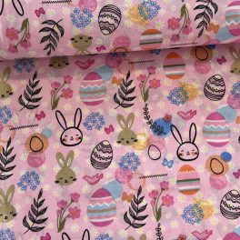 Rózsaszín alapon húsvéti nyuszis pamutvászon