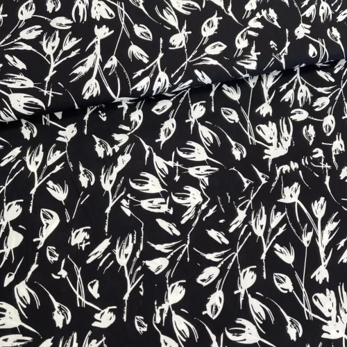 1,1 m EGYBEN KÉRHETŐ Fekete alapon FEHÉR tulipános viszkóz voile