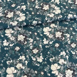 Sötét türkiz alapon fehér rózsás viszkóz voile