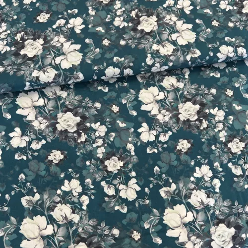 Sötét türkiz alapon fehér rózsás viszkóz voile